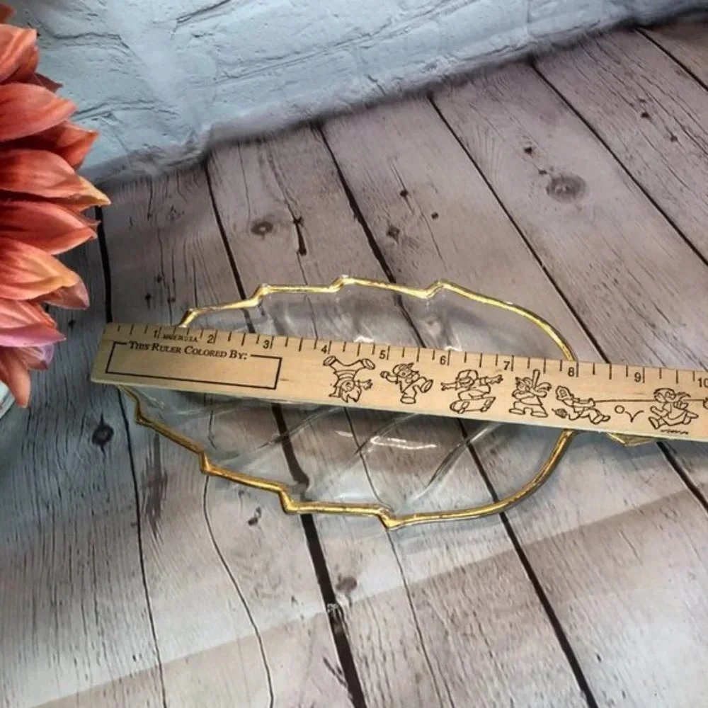 vintage glass relish dish gold edged leaf